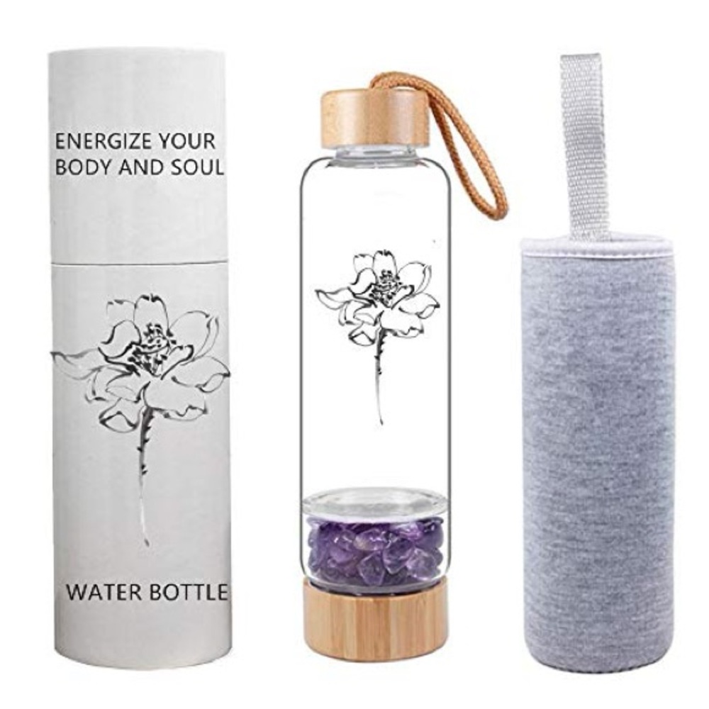 AITELEI Bamboo Amethyst Crystal Elixir Glass Water Bottle – 13.5 fl oz